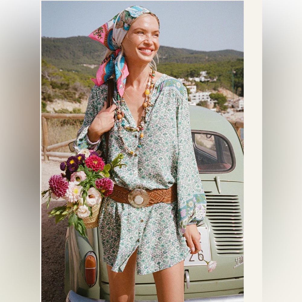 Spell Sienna Tunic Dress Sienna print in dreamy green and blue hues